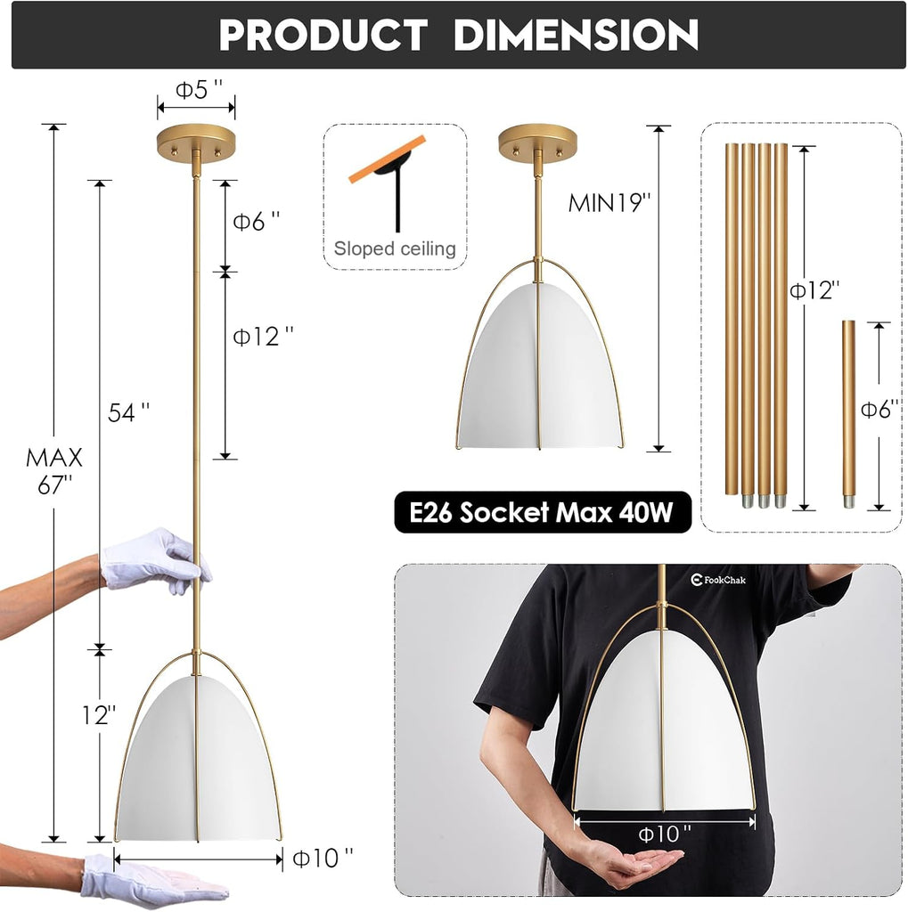 10in Dome Pendant Light White Kitchen Island Pendant Lighting Modern White & Gold Pendant Lights Fixture for Dining