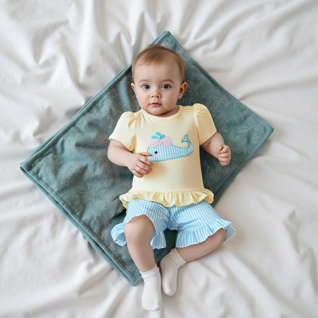 Baby Girl Clothes Bubble Sleeve Embroidery T-shirt Tops Ruffle Stripe Shorts 2Pcs Toddler Girl Summer Outfit