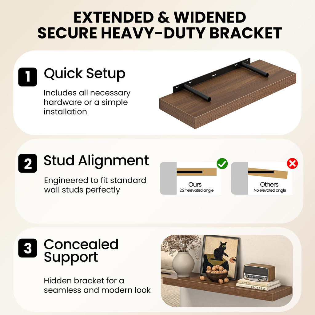 24 Inch Floating Shelves - 8 Inch Deep Rustic Walnut Wooden Wall Shelves - Extra Deeper & Thicker Wall Mounted
