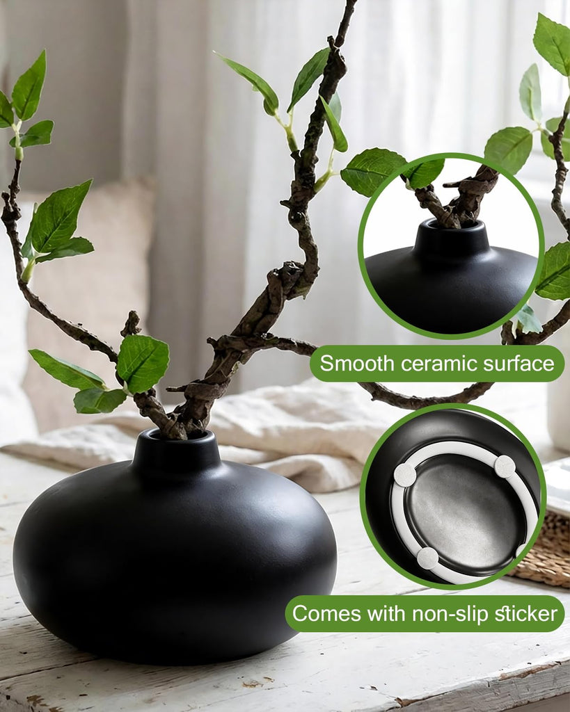 Vase with Greenery, 1 pc Artificial Stem with Black Vase, 20" Decorative Fake Plants Indoor, Small Plant Living Room