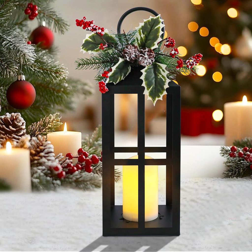 Christmas Lanterns Decorative Indoor Outdoor, 2 Pack Black Christmas Lantern, 18 Inch Timer Decorative Candle