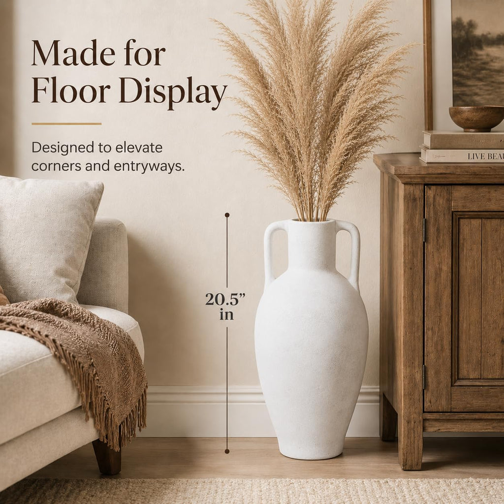 20.5in Ceramic Floor Vase with Handles | Hand-Painted Glaze Craft, Pure White Finish, Light Black Speckled Accents