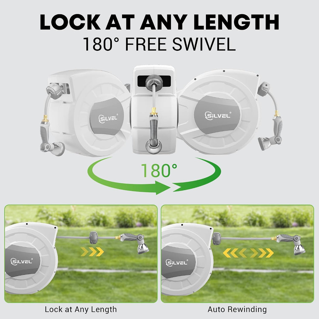 Retractable Garden Hose Reel, 1/2" x 100ft Wall Mount Heavy Duty Automatic Hose Reel with 10 Pattern Nozzle, Any