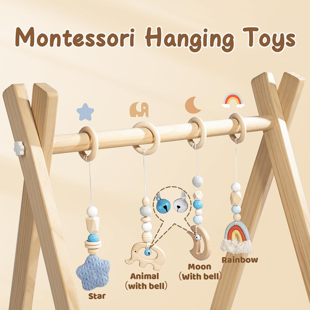 Wooden Baby Play Gym with Activity Mat, Foldable Baby Gym Frame with Hanging Sensory Toys for Newborn, Tummy Time