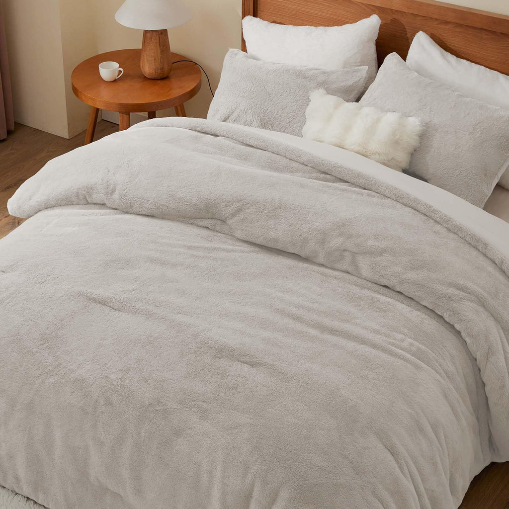 Faux Fur Comforter Set Linen, Warm Bedding with 2 Pilowcases