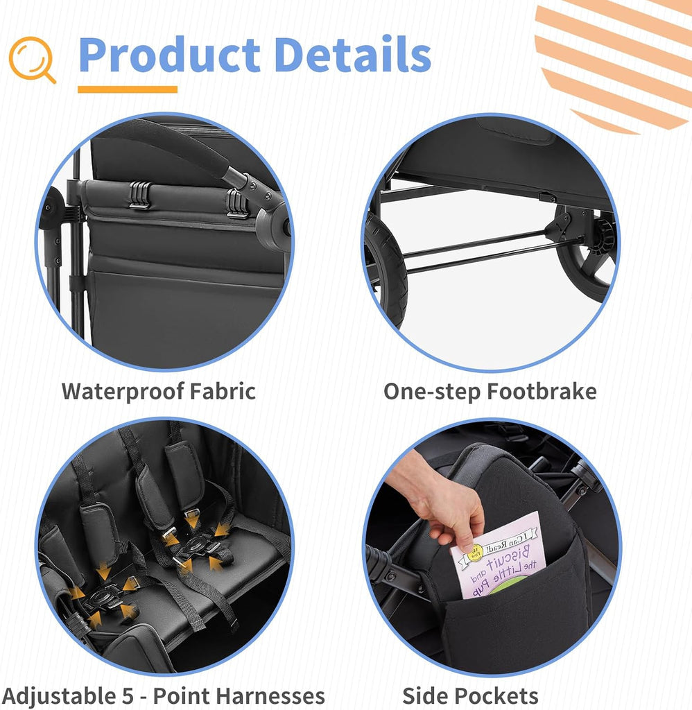 Stroller Wagon for 4 Kids, 4 Seater Wagon Stroller Featuring 4 High Seat with Point Harnesses and Adjustable