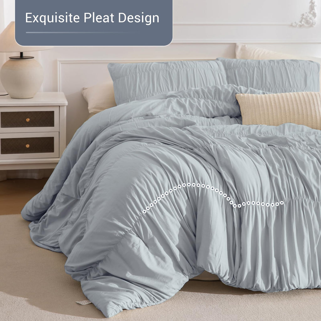 Comforter Set Light Blue Ruched Bedding Comforter Sets, Ultra Soft Ruffle Fluffy 106"*95" Shabby and