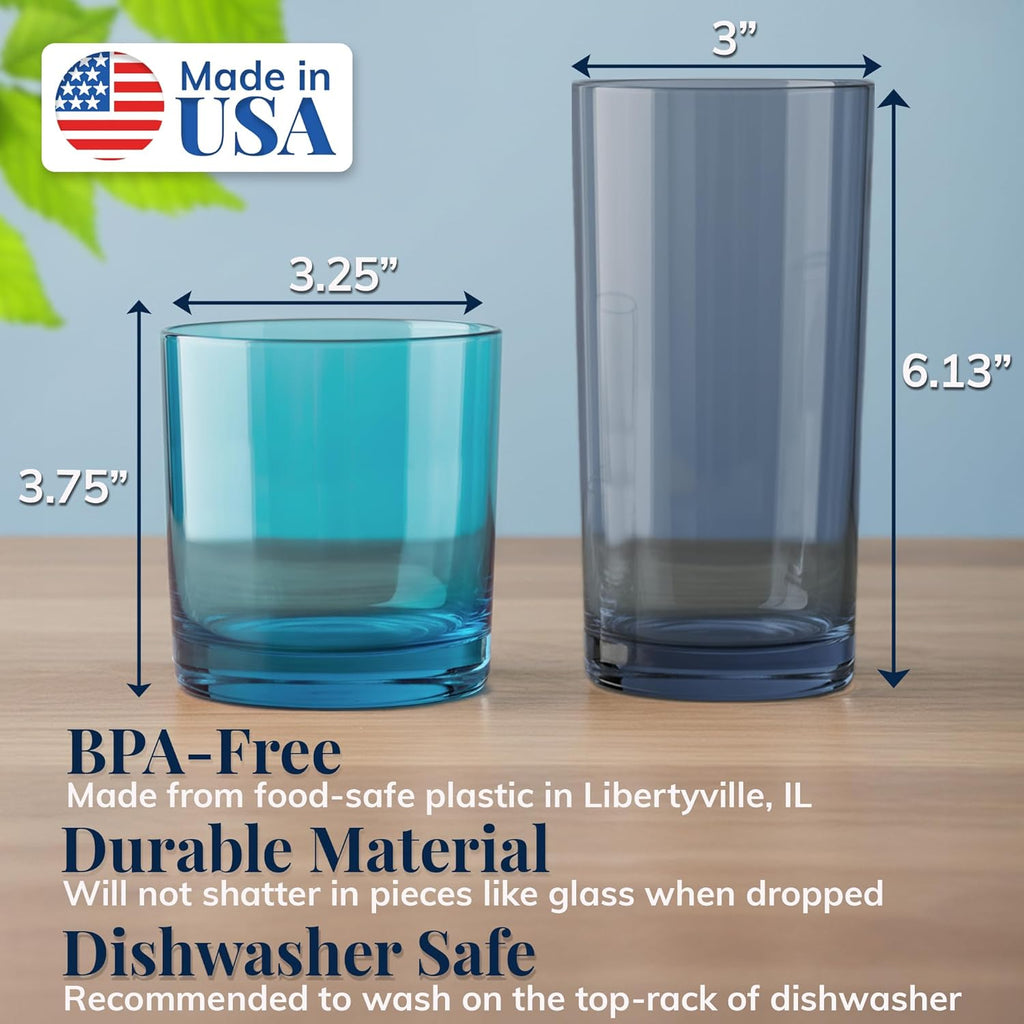 Classic Plastic Reusable Drinking Glasses (Set of 8) 12oz Rocks & 16oz Water Cups in Coastal Colors | BPA-Free
