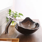 Leaf Shape Vessel Sink Set Tempered Glass Bathroom Bowl + Waterfall Faucet & Drainage System