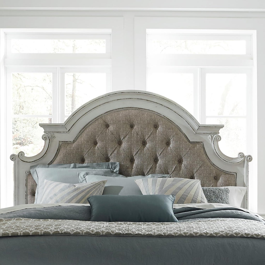 Magnolia Manor Queen Upholstered Panel Headboard European Traditional Bedroom - Antique White & Weathered Bark Oak