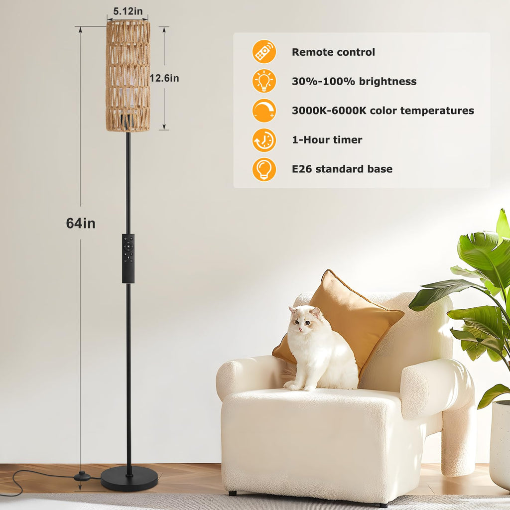 64'' Floor Lamps with Remote Control and Stepless Dimmable Colors Temperature & Brightness, Boho Black Standing Lamp