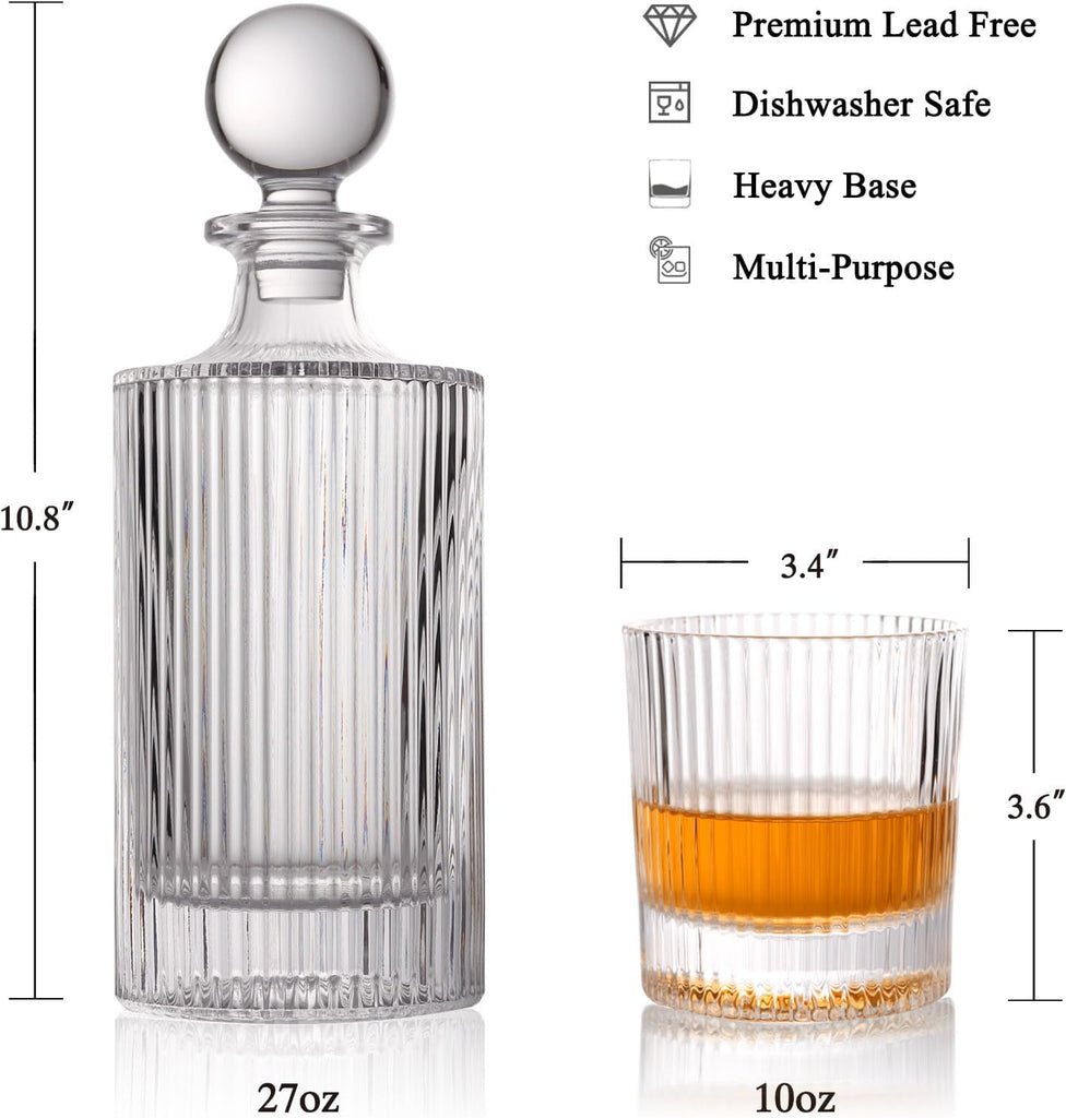 Whiskey Decanter Set with Gift Box - Includes 2 Crystal Bourbon Glasses and 2 Big Ice Ball Molds - Whiskey Glasses