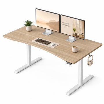 63x32 Large Electric Standing Desk, Curved Light Walnut Surface