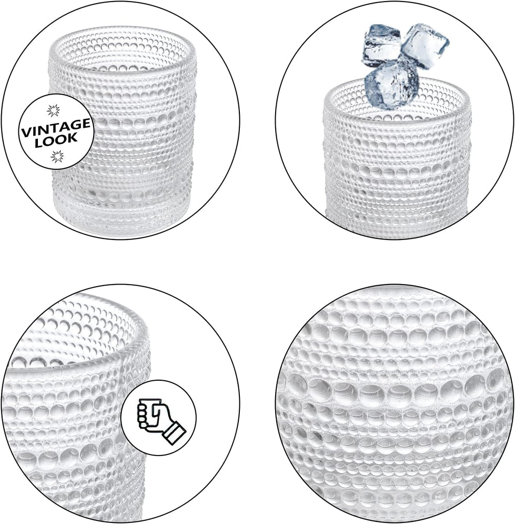 Set of 6 Romantic Water Glasses, 12 oz Hobnail Glasses Tumbler, Clear Embossed Vintage Glassware Set for Beer