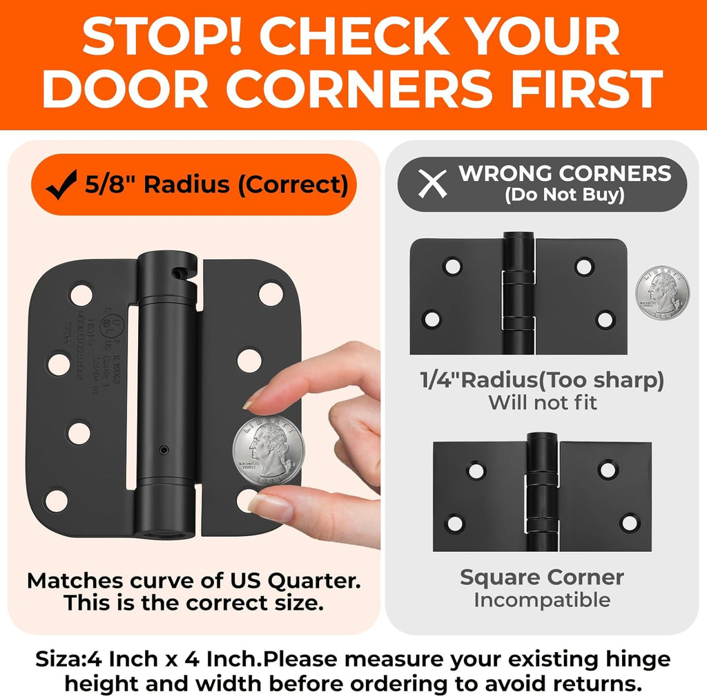 3 Pack Self Closing Door Hinges 4 Inch Black Spring Hinge with 5/8" Radius Corner Adjustable Tension for Residential