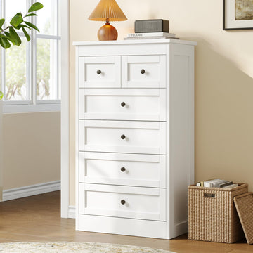 Tall 6 Drawer Dresser, White Modern 43.3'' Tall Wood Chest of Drawers, Storage Organizer with Smooth Metal Rails &