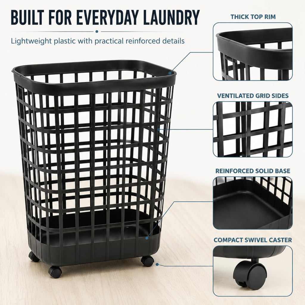 Black Rolling Laundry Hamper w/Casters, 2.6 Bushel Capacity