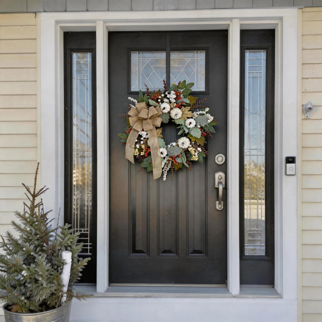 24 Inch Neutral Fall Wreath for Front Door with White Pumpkins & Bow