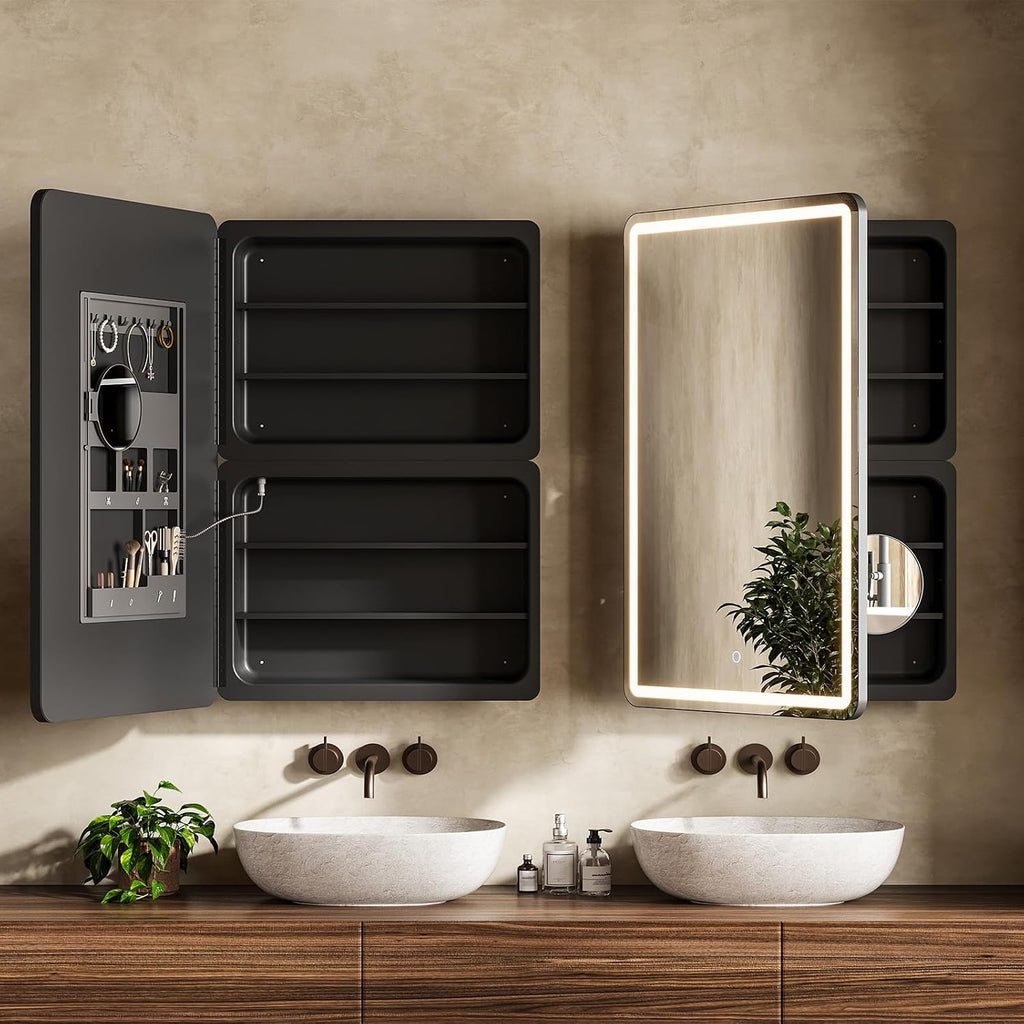 24x36 Inch LED Lighted Medicine Cabinet with Mirror , Wall Mounted or Recessed Mirror Cabinet with 3X Magnifying