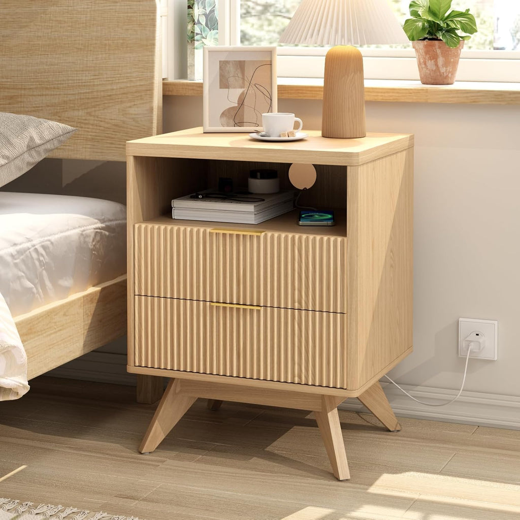 Fluted Nightstands Set of 2 with 2 Drawers, Natural Oak Bedside Table with Open Shelf, Modern End Table Set, Wood