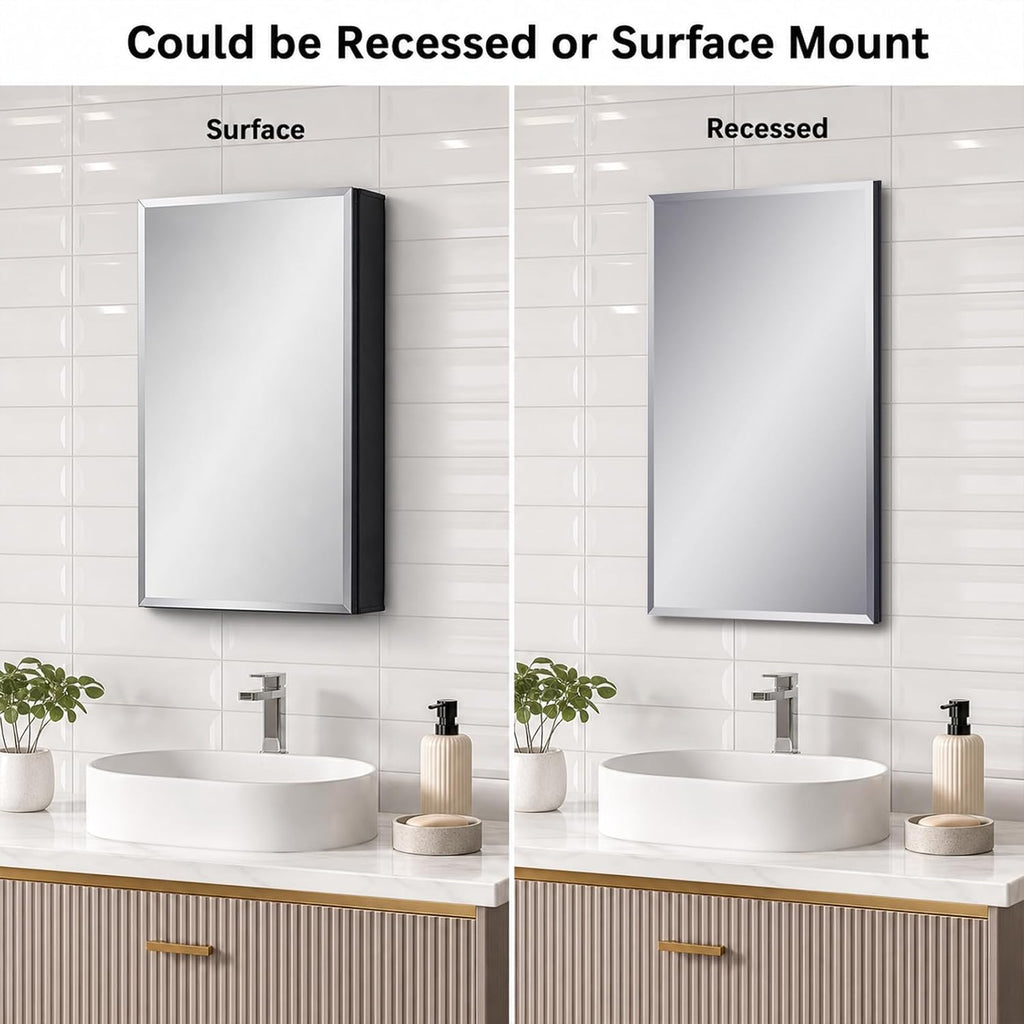 14 x 24 Black Aluminum Medicine Cabinet with Mirror, Recessed/Surface Mount | Bathroom Medicine Cabinet, 2 Adjustable