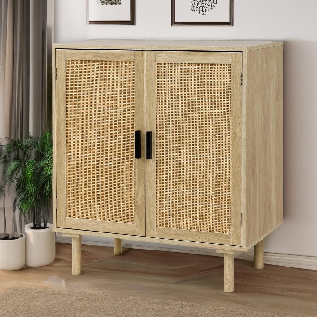 Sideboard Buffet Cabinet, Kitchen Storage Sideboard with Rattan Decorated Doors, Liquor Coffee Buffet, Dining Room
