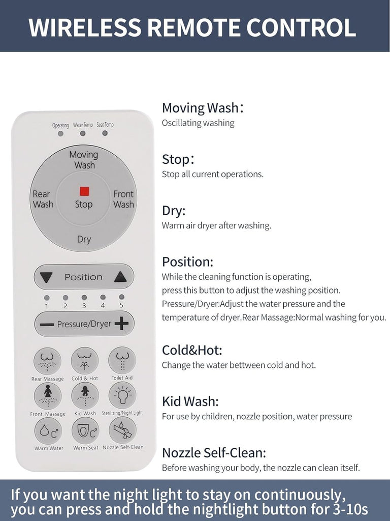Elongated Smart Bidet Toilet Seat with Remote Control, Heated Seat, Warm Water Wash, Warm Air Dryer, Multiple Spray Modes for Adults and Children
