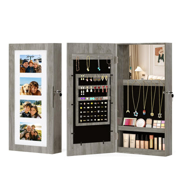 Wall-Mounted Jewelry Cabinet with 4-Photo Frame and Mirror, Grey Oak