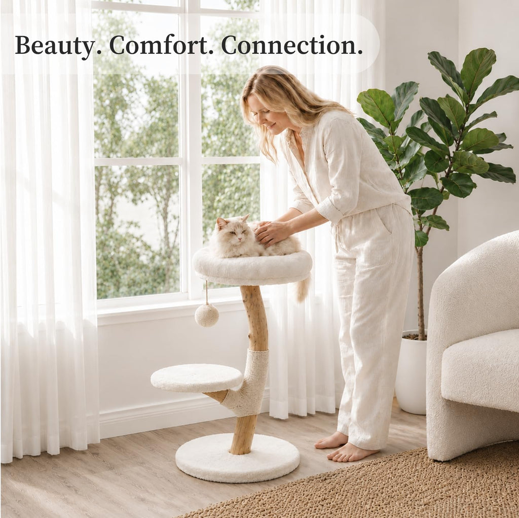 Real Wood Modern Cat Tree Tower, Cat Scratching Post with Bed for Small Indoor Cats, Solid Wooden Climbing Tower