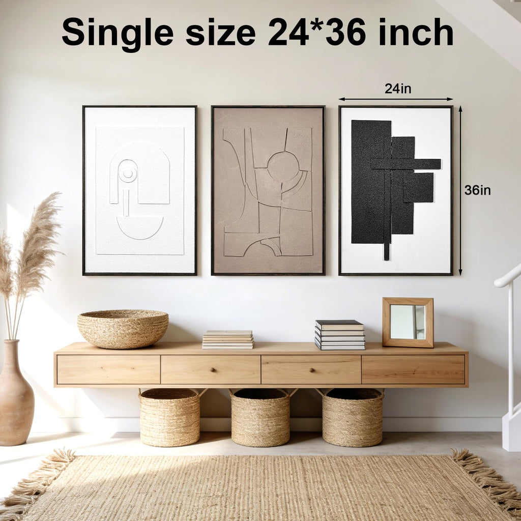 3 Piece Framed Abstract Wall Art, 24x36 Inch Large 3D Sandstone Textured Wall Decor, Black White Brown Geometric