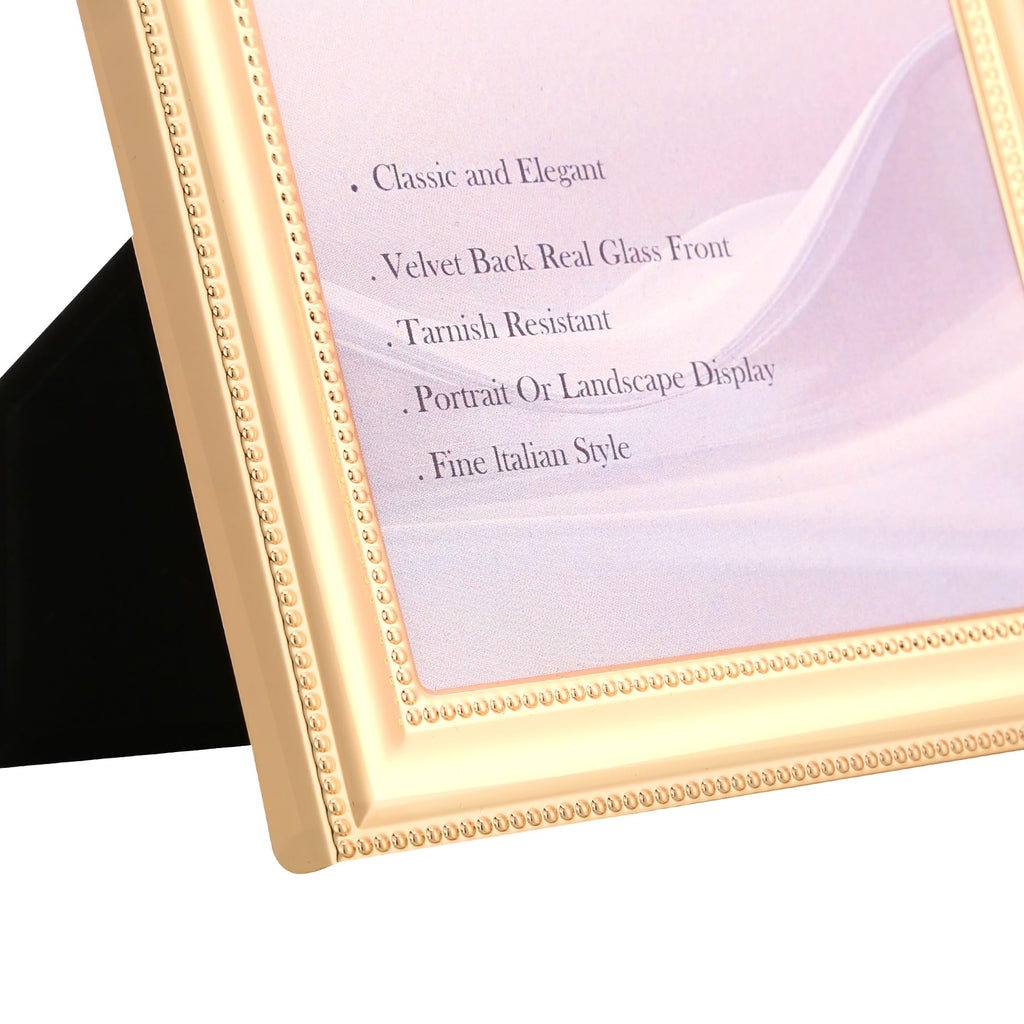Classic Gold Plated 4x6'' Double Picture Frame, Metal Beaded Design, Real Glass Front and Premium Soft Velvet
