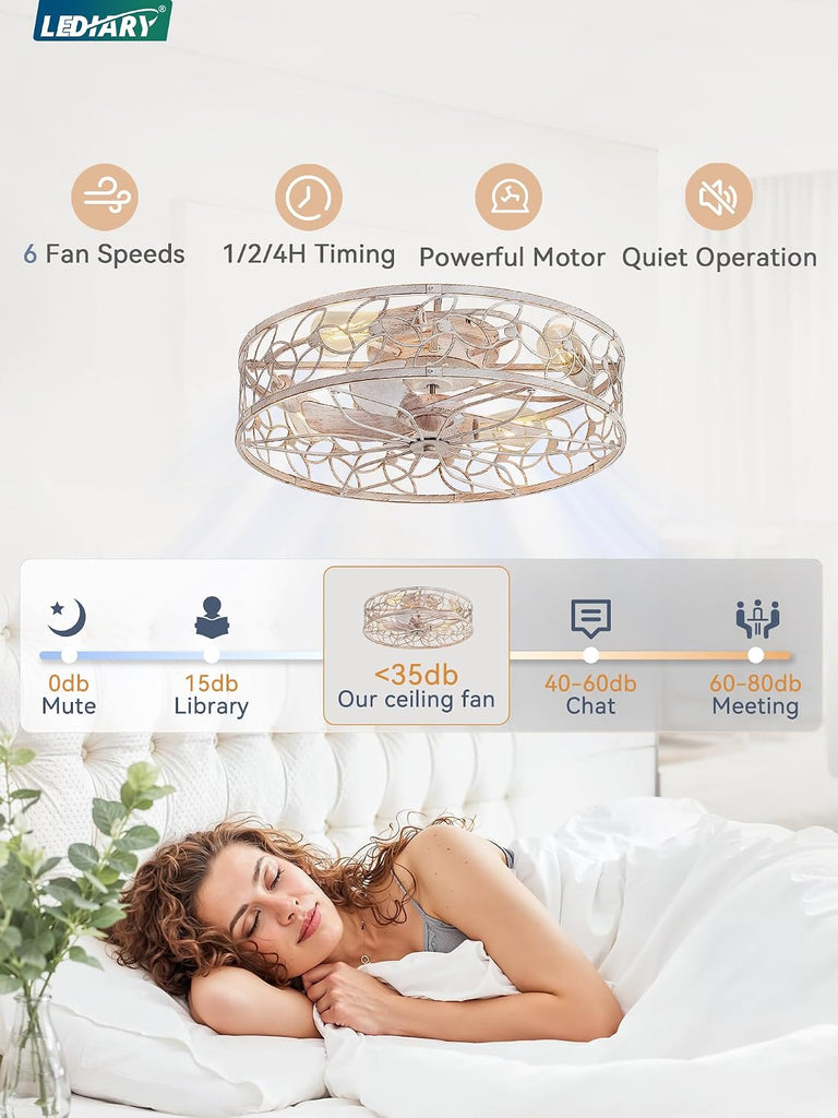 White 23 Inch Caged Flush Mount Ceiling Fan with Remote