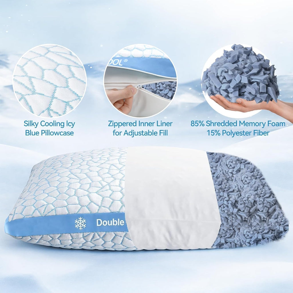 Double Sided Cooling Pillow for Hot Sleepers, Shredded Memory Foam Pillows Standard Size Set of 2, Adjustable Soft &