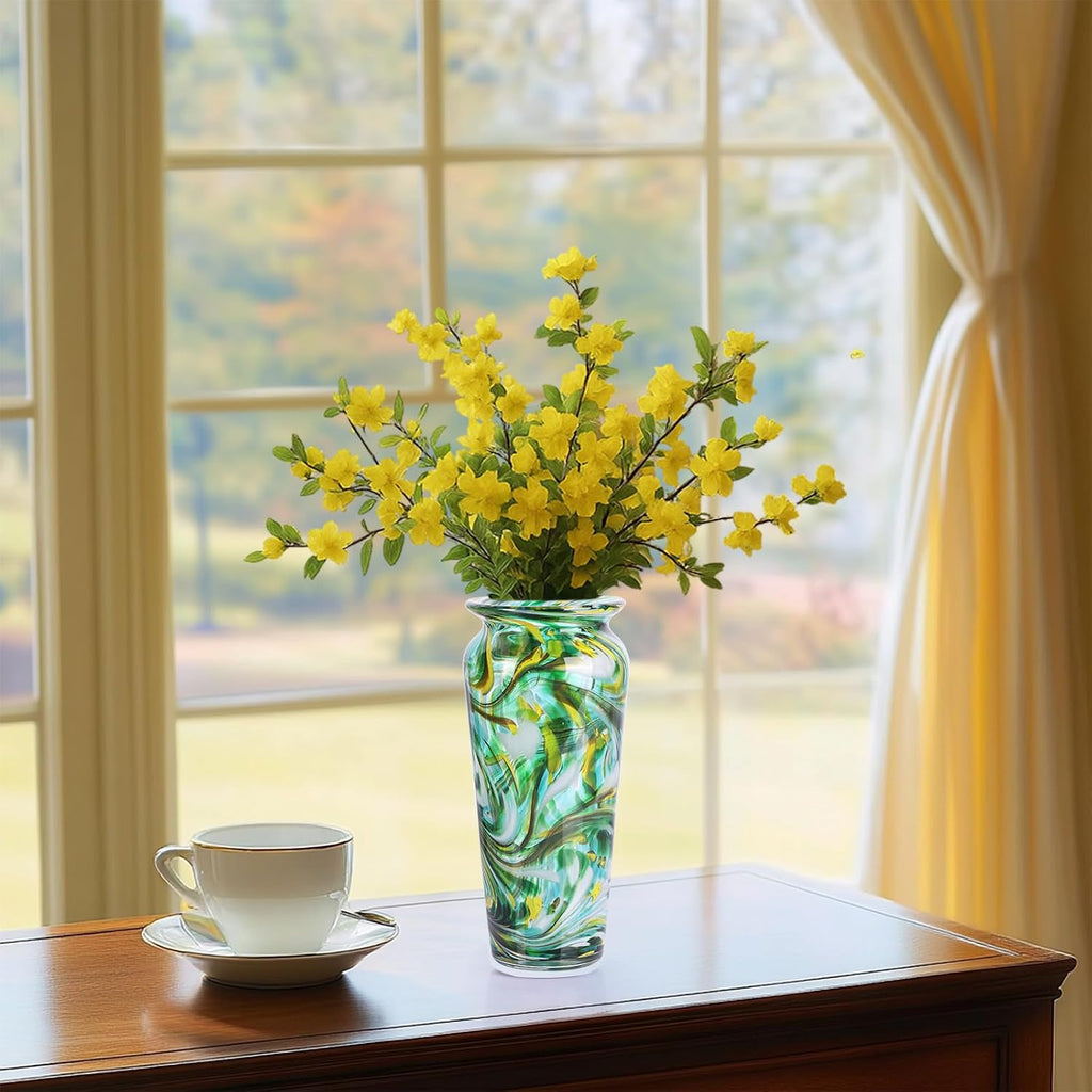 Green Hand Blown Glass Vase - Tall Speckled Decorative Centerpiece in Murano Style for Dining Table, Coffee Table