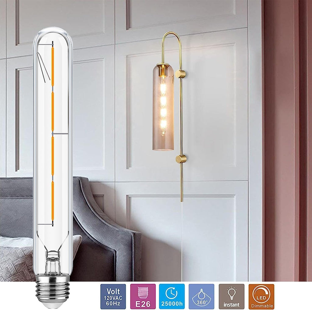 T10 Led Long Bulbs,4W Dimmable Tubular Bulb,40 Watt Equivalent,E26 Edison Style Vintage LED Filament Light Bulb,3000K