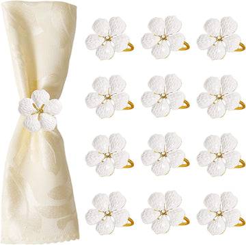 White Flower Napkin Rings, Metal Napkin Holder Rings Table Decorations for Wedding,Fall,Daily - Set of 12