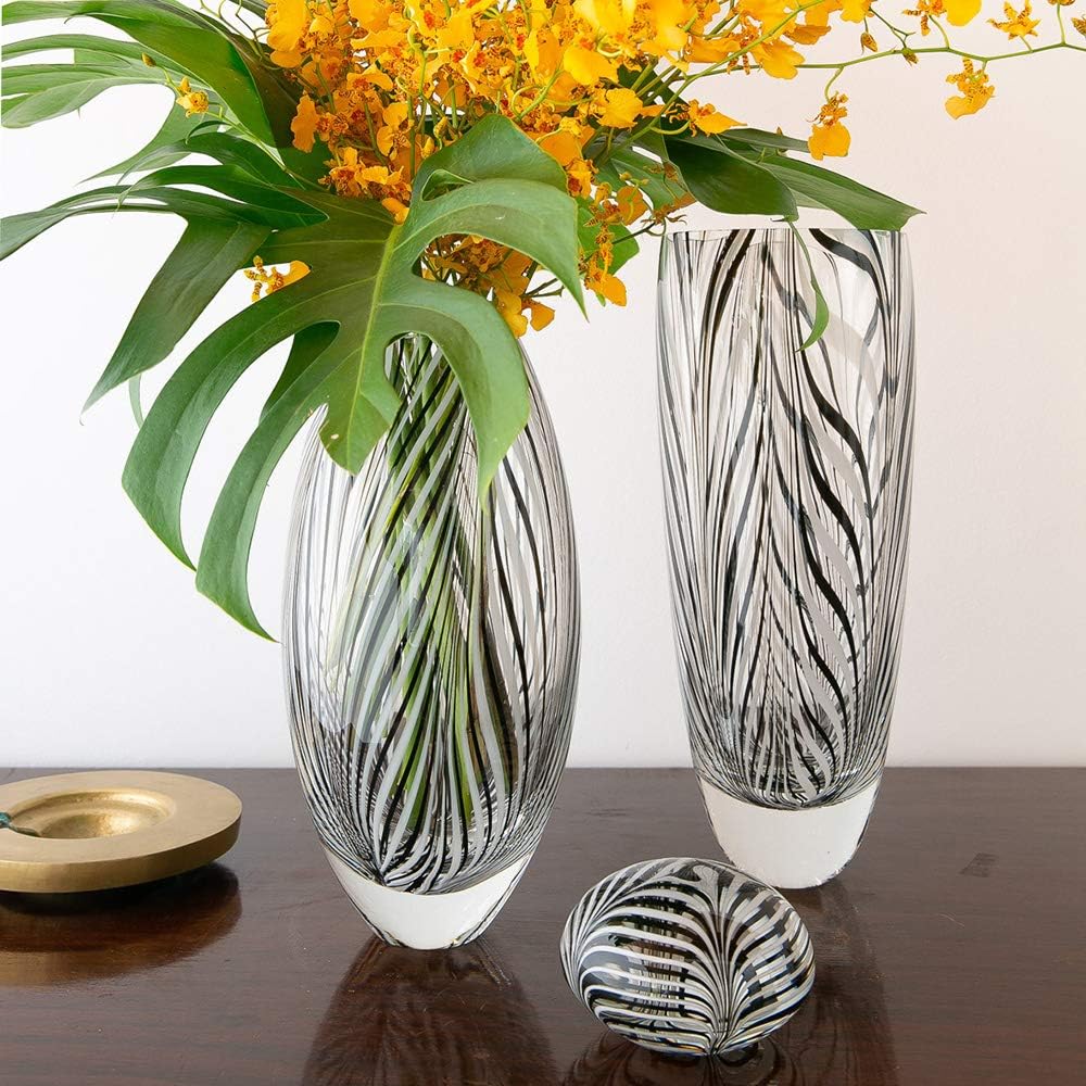 Murano Style Glass Vase Hand Blown Black and White Feather Pattern Effect | Hand Blown Glass Vase, Decorative Table
