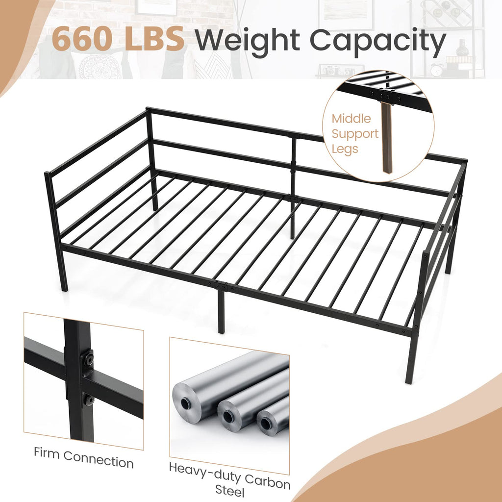 Metal Twin Daybed Frame, Day Bed with Metal Slat Support & 3-Sided Guardrails, 2-in-1 Space-Saving Sofa Bed Guest