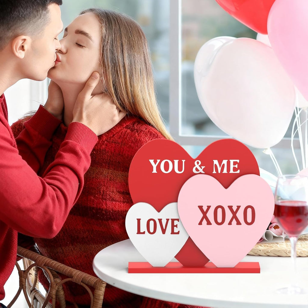 Valentines Day Decorations, 8.7 Inch Valentine Table Decorations Wooden Heart Sign with Letter LOVE XOXO, Valentines