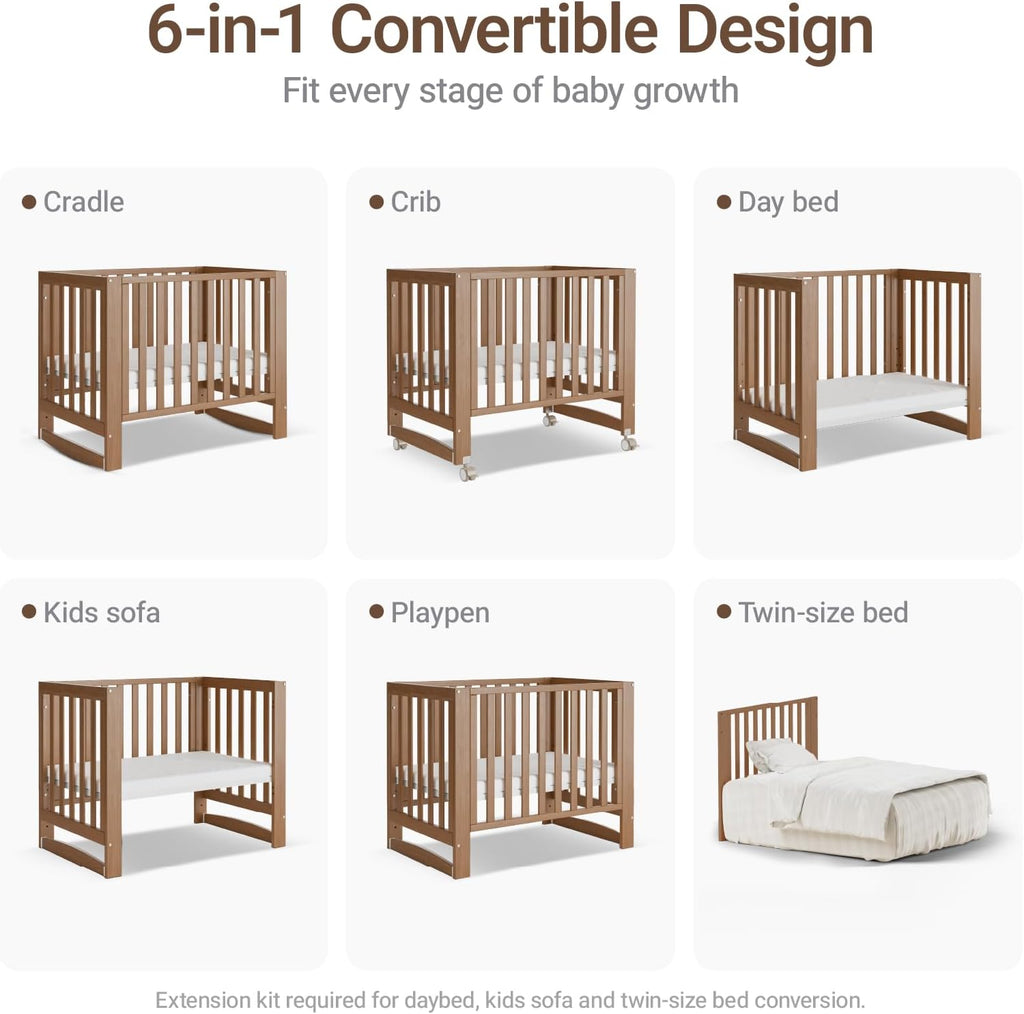 EvoNest 6-in-1 Convertible Baby Mini Crib with Wheels, GREENGUARD Gold Certified, 4 Adjustable Mattress Heights, 100%