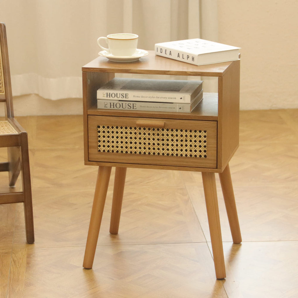 Mid Century Modern Nightstand with Drawer, Small Nightstand Bedside Table, Rattan Nightstand, Wood End Table (Brown)