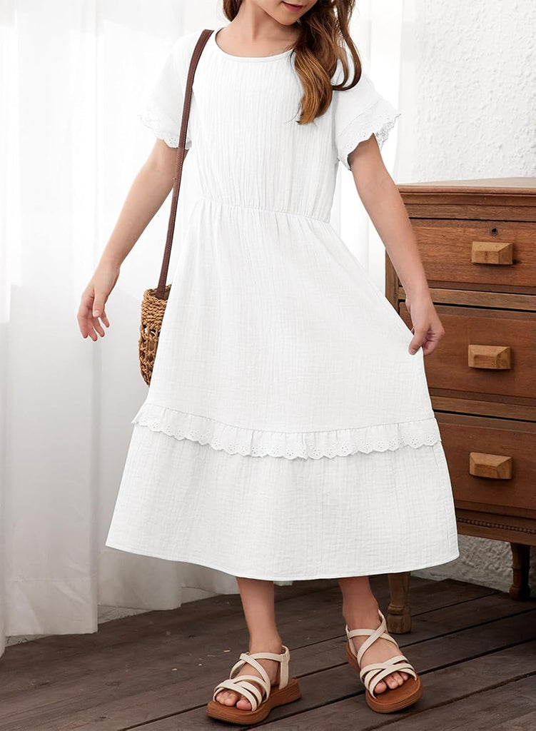Girls Cotton Short Sleeve Dresses Summer Lace Dress