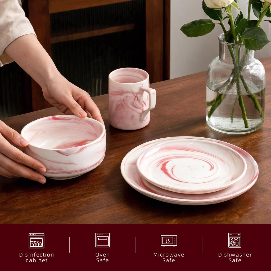 16pc Fine China Dinnerware Set for 4, Artisan Marbled Pink
