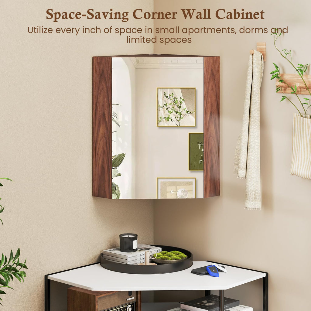 Corner Medicine Cabinet with Mirror, 23.5" Wall Mounted Storage Cabinet Organizer with Left/Right Open Mirror Door &