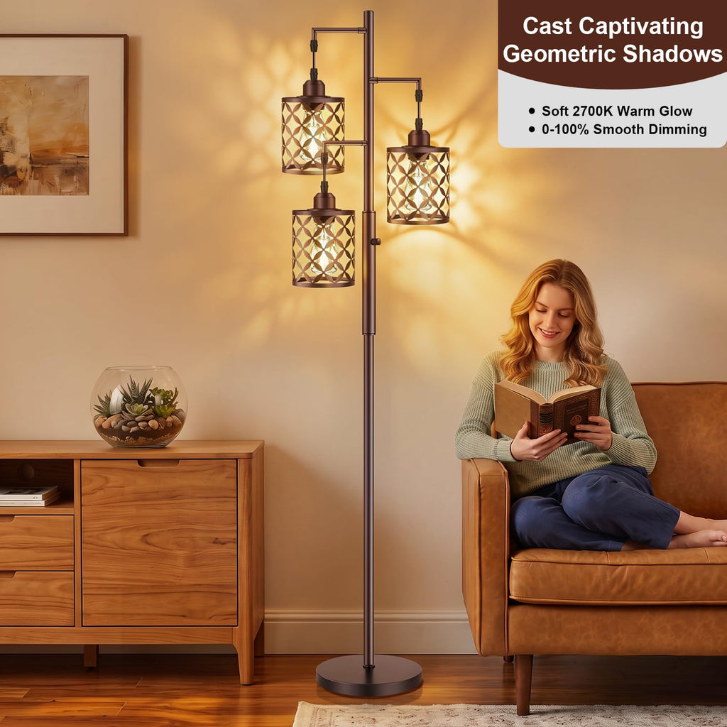 Industrial Tree Floor Lamp, 68" Dimmable Farmhouse Tall Standing Lamp with Quatrefoil Cutout Shades & Rotary Dimmer