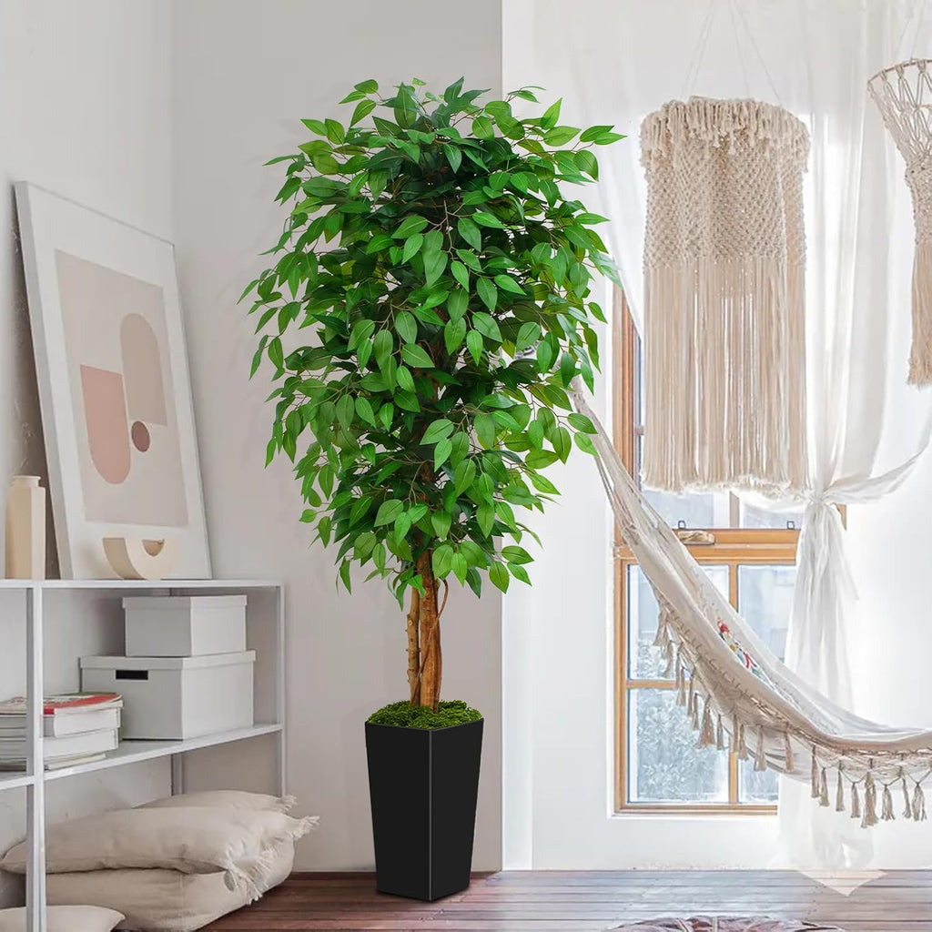 6ft Ficus Artificial Tree with 3 Natural Curved Trunks, 74" Tall Lush Faux Tree Decor Indoor, Green Lifelike Fake