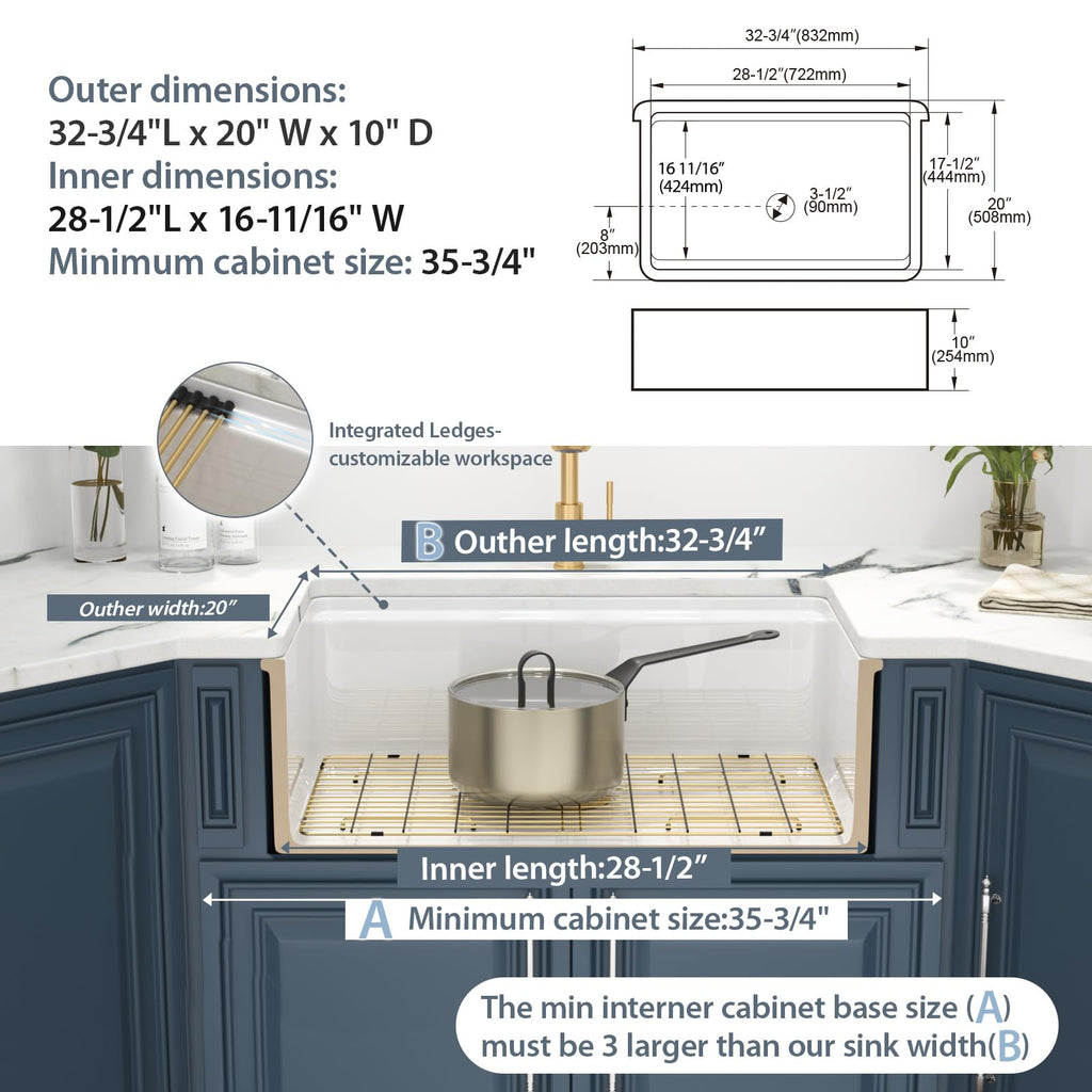 32 White Undermount Farmhouse Kitchen Sink Self-Trimming