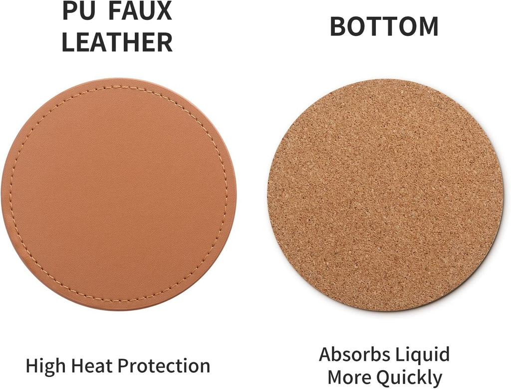 Drink Coasters with Metal Holder Stand, PU Leather Absorbent Coasters with Cork Base Table Coaster Set - Set of 6