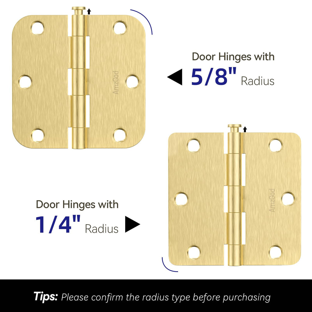 Door Hinges Satin Brass - 3 Pack Gold Door Hinges 3.5 Inch Rounded Interior Door Hinge with 1/4" Radius - 3 1/2