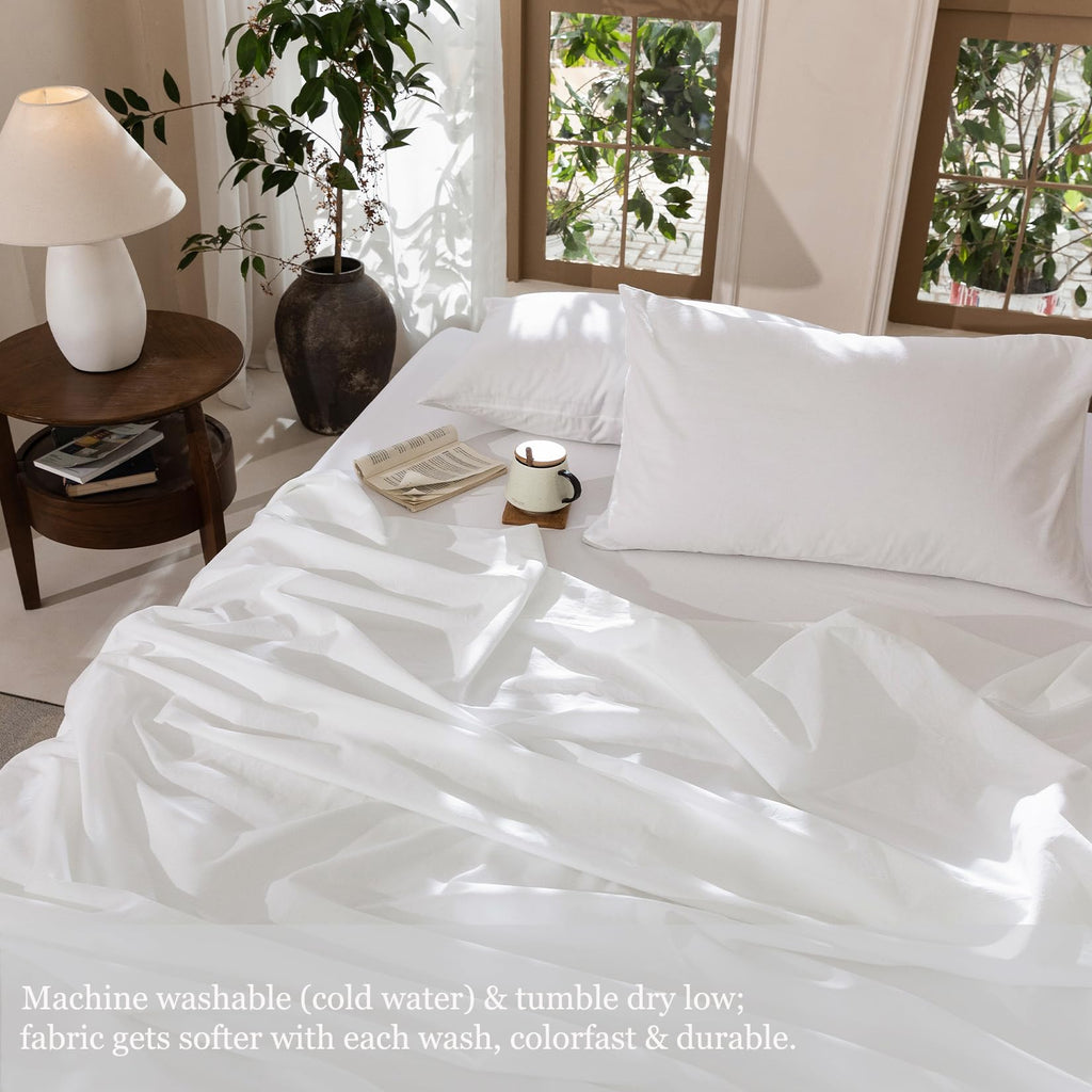 4Pcs Bright White Cotton Bed Sheet Set Deep Pocket